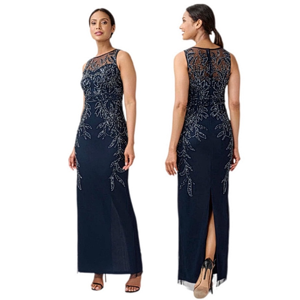 Adrianna Papell Beaded Midnight-Blue Long Column Formal Evening Gown Size 4P